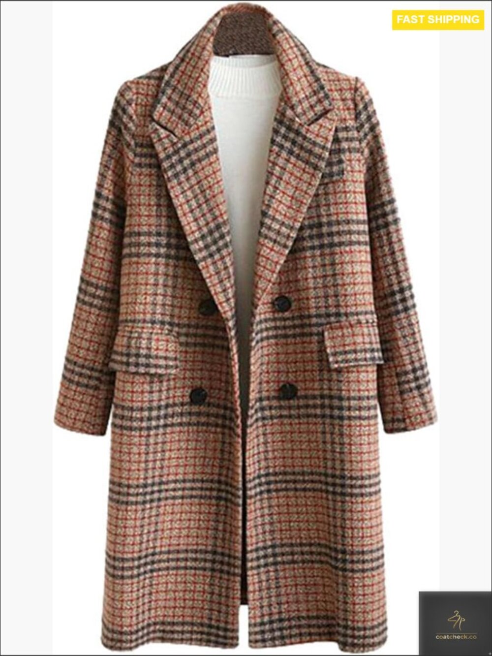 Oversized Plaid Trench Coat Wool Blend Peacoat Double Breasted Classic Chic